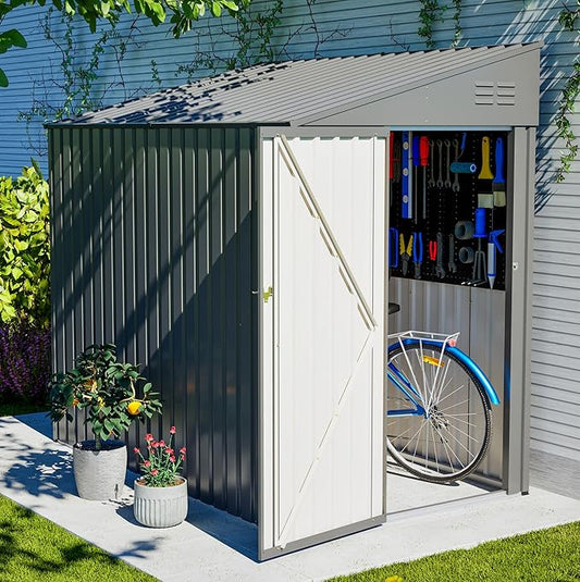 4x7 FT Outdoor Storage Shed Lean to Shed,Metal Shed W/Lockable Door & Air Vent,All Weather Waterproof Garden Tool House W/Reversible Installation,for Backyard,Patio,Lawn,Dark Gray