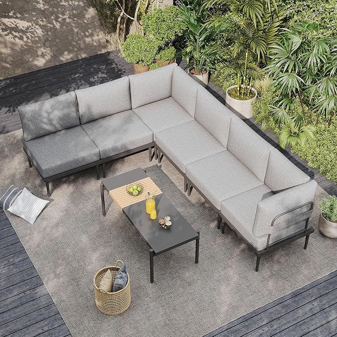 Sundale Outdoor 7 Pieces Metal Patio Furniture Set, Outdoor Sectional Sofa with 6 Inch Olefin Cushion, Modern Outdoor Conversation Sets (6 Seats, Grey Frame)