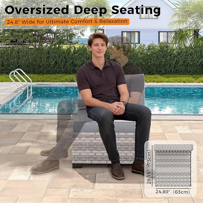 6-Seat Modern Outdoor Wicker Rattan Patio Furniture Set with 55,000 BTU Fire Pit Table, Thick 4″ Cushions, All-Weather Dual-Strand Rattan, Rust-Resistant Steel Frame,Gray