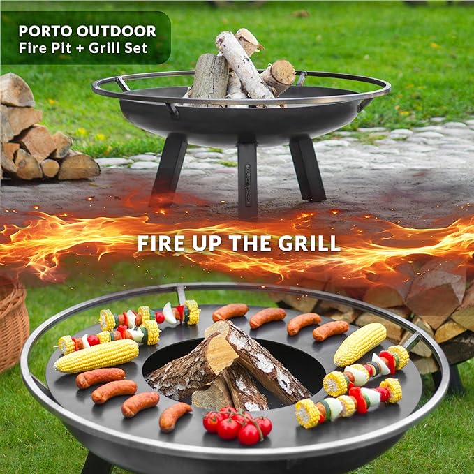 Ember 32" Handcrafted Cooking Fire Pit, Cooking Grill Plate Attachment and Cover Lid Attachment for Wood Burning for Backyard Grilling Campfire for Camping, Outdoor Steel, Good Directions Firepit