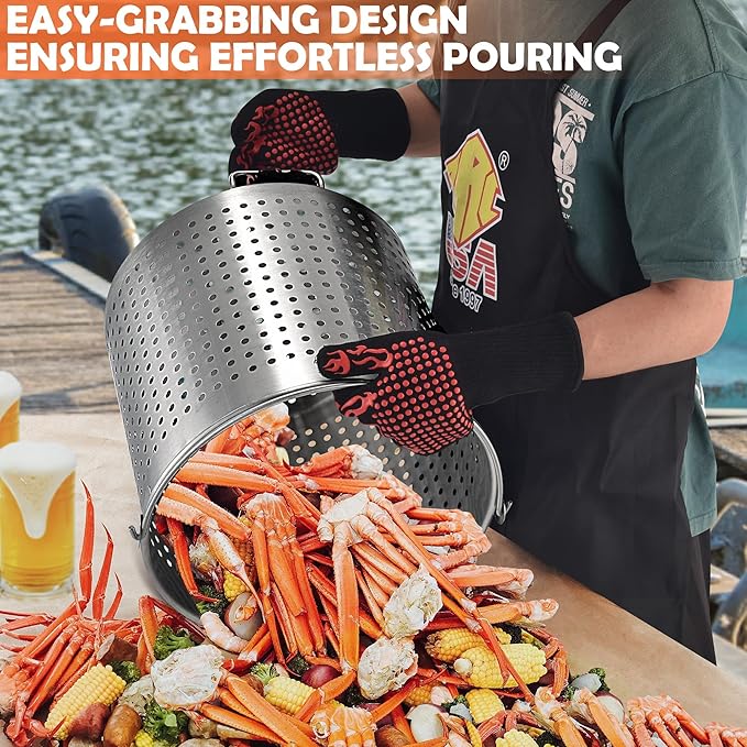 ARC 64QT Seafood Boiling Kit, 200,000BTU Stainless Steel Propane Burner And Crawfish Boil Pot With Strainer, Wheeled Legs and 360°Windscreen For Outdoors Cooking and Steaming, Large Turkey Fryer Pot