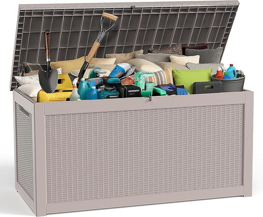 320 Gallon Deck Box XXL Large Outdoor Storage for Patio Furniture,Outdoor Cushions,Garden Tools and Pool Supplies,Waterproof,Resin,Lockable(Grey Rattan)