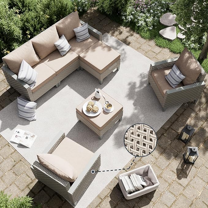 Outdoor Patio Furniture Set 7-Piece Modular Wicker Sectional Sofa with Ottomans and Thick Cushions, Modern Rattan Outdoor Conversation Couch for Garden Backyard, Khaki