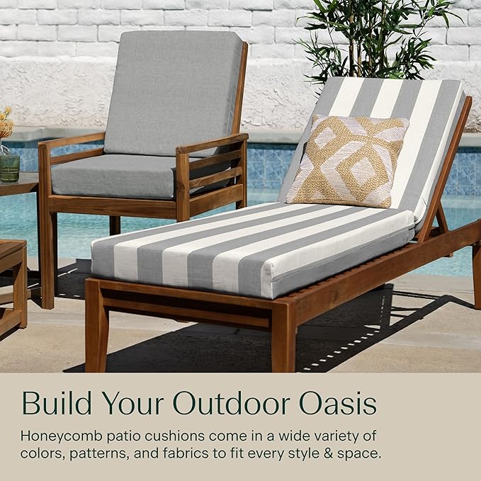 Honeycomb Outdoor Heritage Chaise, 22.5" W x 70" L, Cabana Stripe Stone Grey Chair Cushion for Patio Furniture