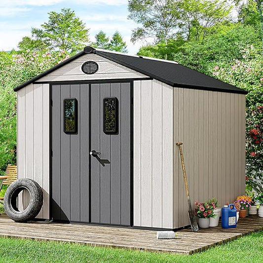 8 x 8 FT Plastic Outdoor Storage Shed with Floor,Garden Resin Shed with Window and Lockable Door, Outside Sheds for Bike, Garbage Can, Tool