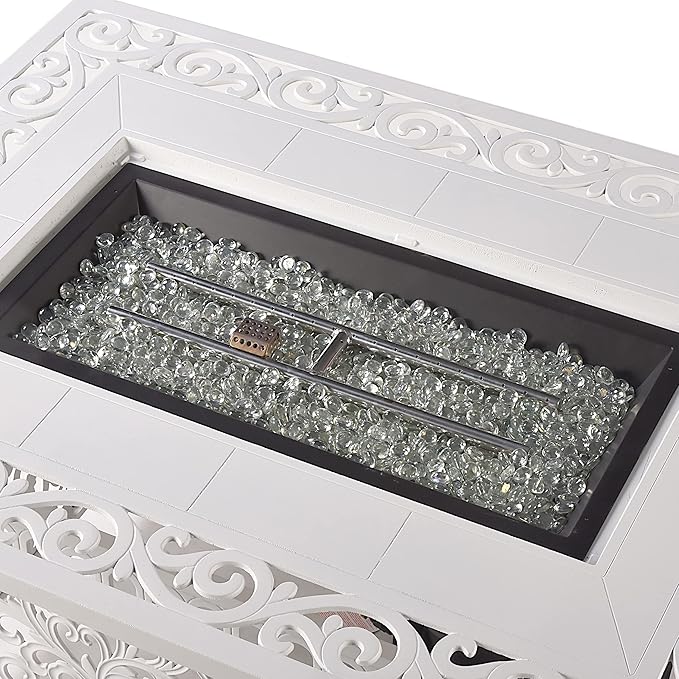 Rectangular 48 in. x 36 in. Aluminum Propane Fire Pit Table, Glass Beads, Two Covers, Lid, 57,000 BTUs in White Finish