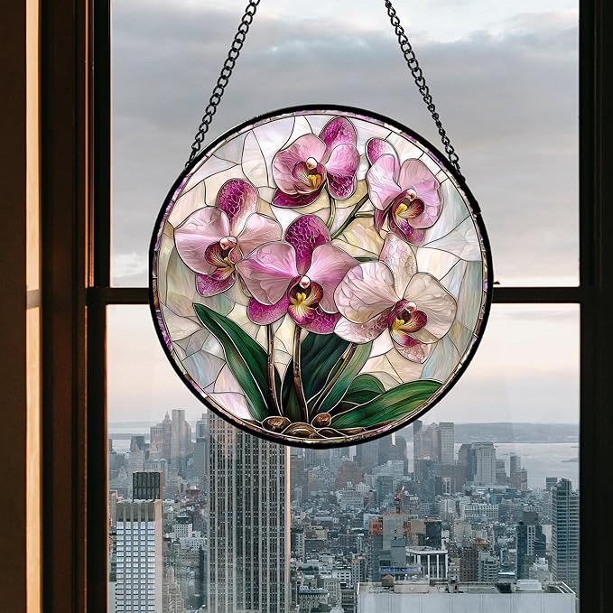 AMDERVEN Stained Glass Window Hanging - Pink Purple Phalaenopsis Flowers Sun Catcher for Door Home Decor Plant Suncatcher Christmas Mother's Day Birthday Gifts for Women Men Mom Nana 7.8 in