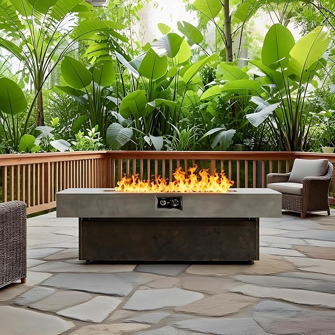 Propane Fire Pit Table, 55 Inch Firepits for Outside, Rectangle Gas Fire Pits for Outside Patio, Backyard, Pool, 50000BTU, Free Waterproof Cover, Tank Outside, Tank Not Included, Brown+Gray