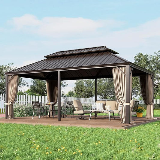 GREEN PARTY 12 X 20ft Hardtop Gazebo with Nettings and Curtains, Heavy Duty Double Roof Galvanized Steel, Outdoor Aluminum Gazebos Pergolas for Patios, Backyard, Deck, Garden, Lawns
