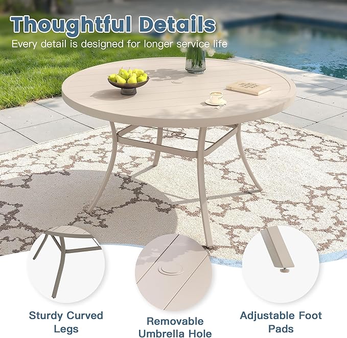 DIFY 50" Round Outdoor Patio Dining Table for 6, Metal Patio Table with 1.57" Adjustable Umbrella Hole, All-Weather Dining Furniture Table for Backyard Lawn Garden, Sandshell