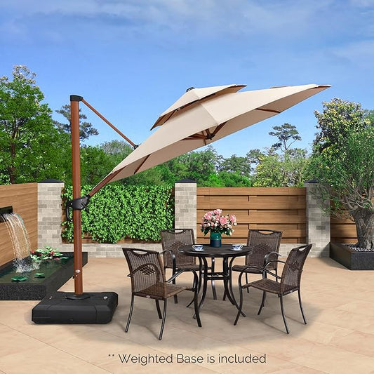 PURPLE LEAF Outdoor Umbrella with Base Patio Round Umbrellas Large Cantilever Parasol Windproof Offset Heavy Duty Sun Umbrellas for Garden Deck Pool Patio,10ft Beige