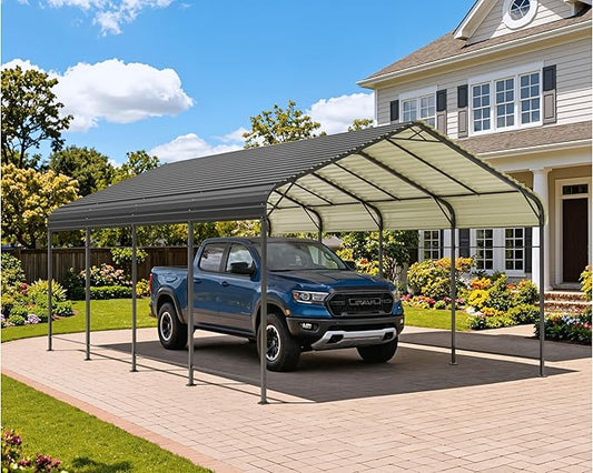 Greesum 12x20FT Metal Carport with Heavy Duty Frame and Galvanized Steel Roof, Round Carports with Side Support Rods, Canopy Shelter for Car, Pickup Trucks, Boats and Tractors, Party, Gray
