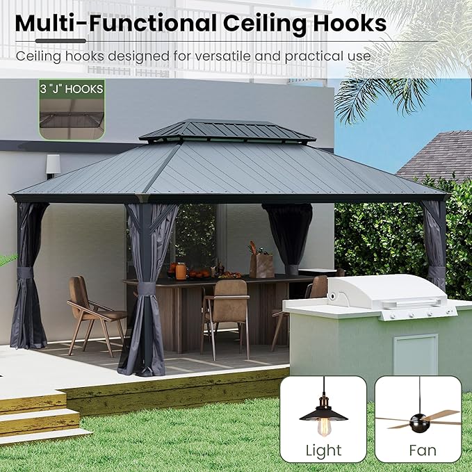 Domi 12' X 16' Hardtop Gazebo, Upgraded Metal Gazebo with Dual-Layer Resin Roof, Drainage System, Curtain and Netting, Outdoor Shelter Canopy for Patio, Garden, and Backyard, Grey