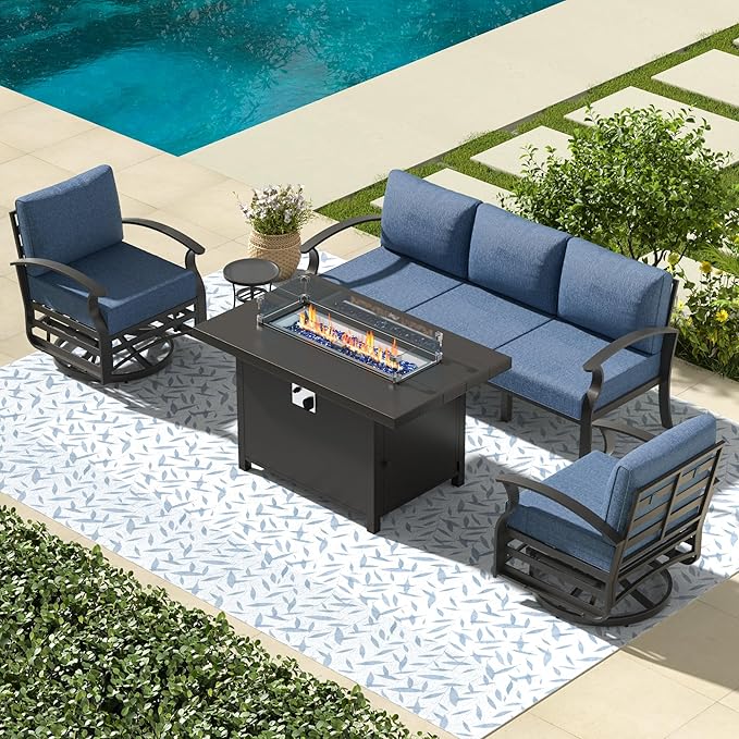 Aluminum Patio Furniture Set with Fire Pit Table, 5 Seats Outdoor Patio Conversation Set with Swivel Chair Modern Metal Patio Sectional Sofa with Upgrade Cushions for Patio, Backyard Navy