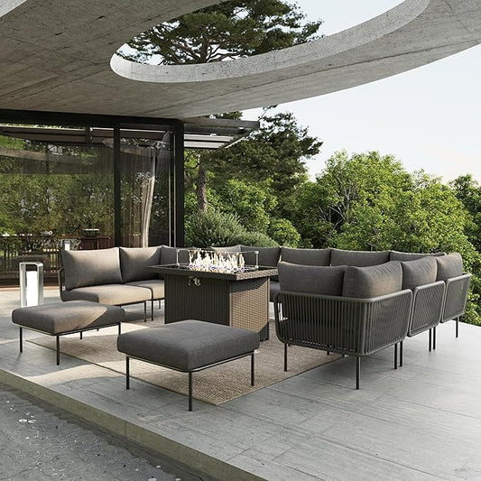 11 Piece Modern Outdoor Rope Wicker Sectional Patio L-Shaped Conversation Sofa Set Deep Seating with Fire Pit Table
