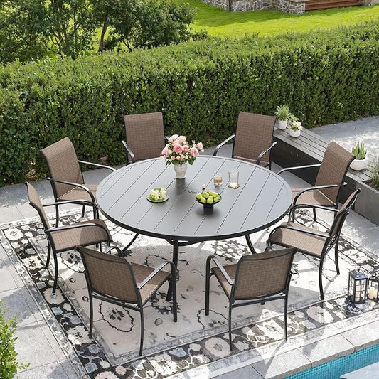 DIFY Patio Round Dining Table, 53" All Weather Round Outdoor Table with 1.57" Umbrella Hole for 8 Person, Perfect for Yard, Balcony and Lawn, Black Tabletop