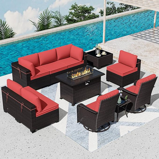 11 Pieces Patio Furniture Set with 2 Swivel Chairs Patio Furniture Outdoor Sectional Sofas with 55000 Gas Fire Pit Patio Conversation Set w/7-Cushions