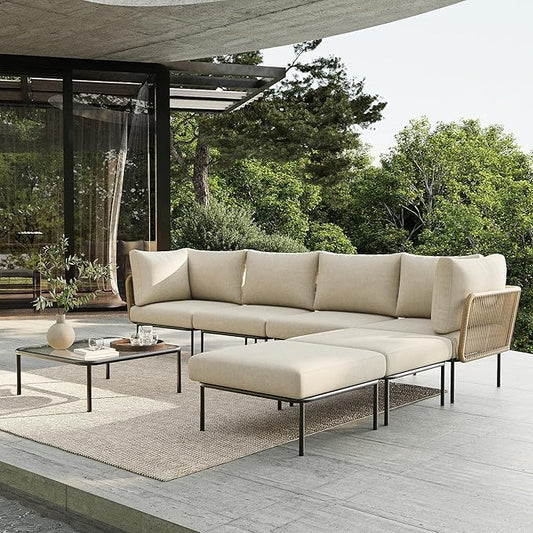 7 Piece Modern Outdoor Rope Wicker Sectional Patio L-Shaped Conversation Sofa Set Deep Seating with Thick Cushions