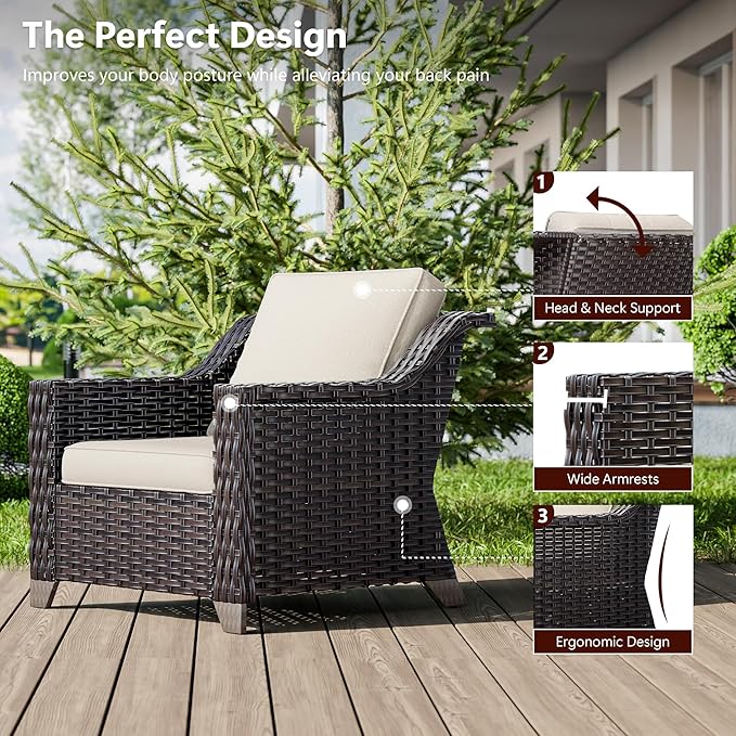 5 Pieces Wicker Patio Furniture, Luxury Outdoor Conversation Sets with 2 Patio Rattan Chair, 3-Seater Sofa, 2 Patio Ottoman, Wide Armrest, Thickened Cushions, Ideal for Deck, Porch Use
