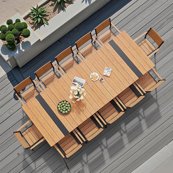 Pellebant 118" Outdoor Dining Table for 8-12, Aluminum Patio Dining Table with Umbrella Hole, Waterproof Wood-Like Tabletop for Lawn Garden Backyard, Brown