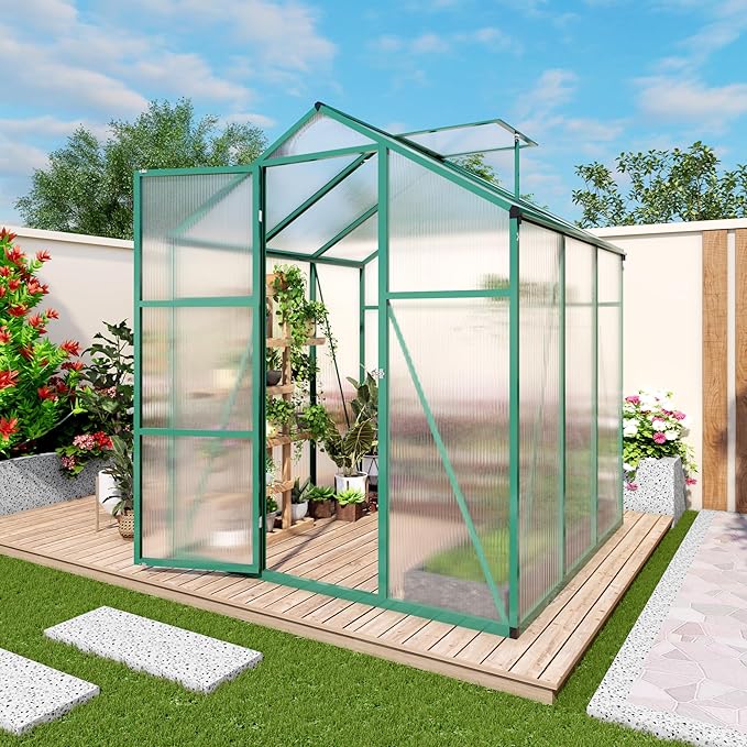 KEIKI Walk-in 6x6 FT Polycarbonate Greenhouse, Aluminum Frame Outdoor Greenhouse with Roof Vent, Anchor Base & UV-Blocking Panels for Backyard Gardening, Green