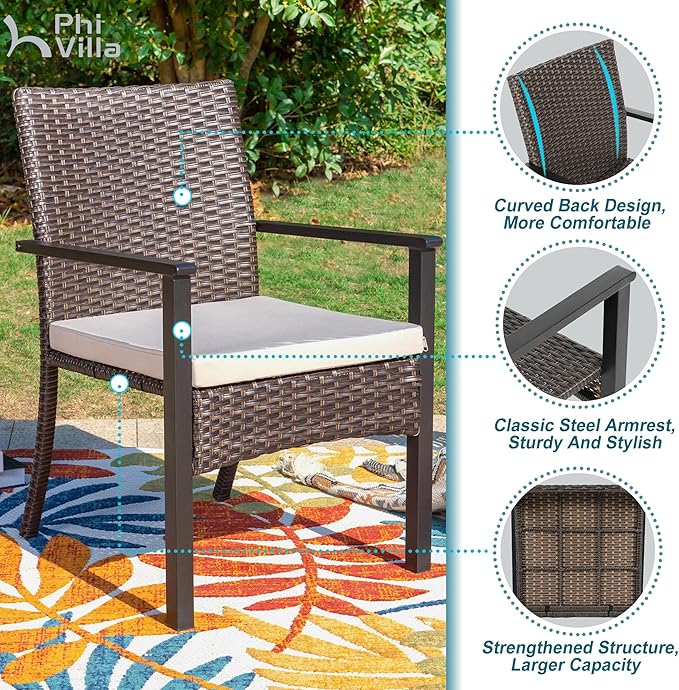 PHI VILLA 9 Pieces Outdoor Dining Set for 8, Large Rectangle Wrought Iron Table with Umbrella Hole & Cushioned Wicker Chairs, Dining Furniture for Patio, Deck, Yard, Porch