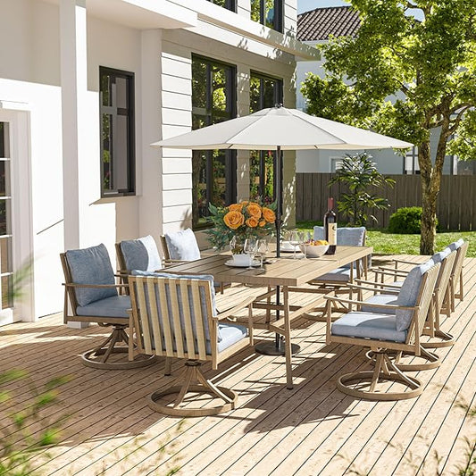 HAPPATIO 9-Piece Patio Dining Set for 8, Aluminum Outdoor Dining Set with Cushions, 8 Swivel Dining Chairs, 1 Large Rectangular Table with Umbrella Hole for Lawn, Porch, Backyard, Brown