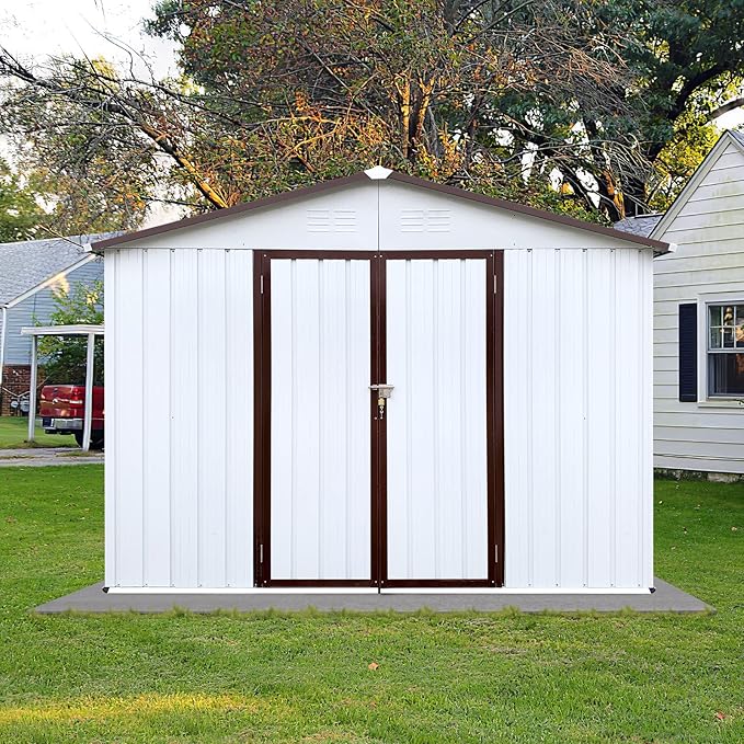 Favfurish 10x8 FT Metal Garden Sheds with Hinged Door and Padlock & Punched Vents,Aluminum Outdoor Storage Shed w/Eco-Friendly Painting,for Bike, Barbeque,Tool,White+Coffee