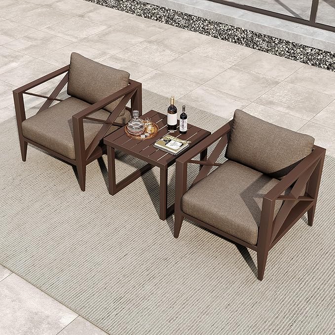 Aluminum Patio Furniture Set, 3 Pieces Conversation Set with 6 Inch Cushions and Coffee Table, Outdoor Patio Sectional Sofa for Garden (Brown)
