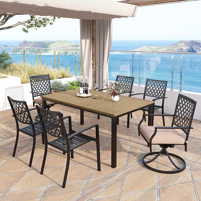 MFSTUDIO Outdoor Dining Set for 6, Patio Table and Chairs Set with Umbrella Hole, 7 Piece Outdoor Patio Furniture Set with 1 Metal Table 4 Stackable Chairs and 2 Swivel Chairs