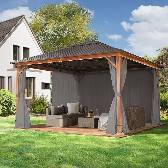TOOLPORT Hardtop Gazebo 13x13 ft - Wood-Effect Finish - Steel Roof - 4 Side Panels in Gray