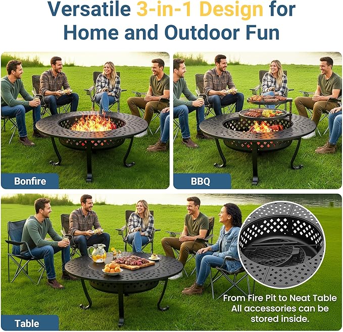 Wisteria Lane 3 in 1 43" Extra Large Fire Pit for Outside Wood Burning with 2 Adjustable Grills, Outdoor Fireplace with Lid and Fire Poker, BBQ & Bonfire & Round Metal Table for Patio, Backyard