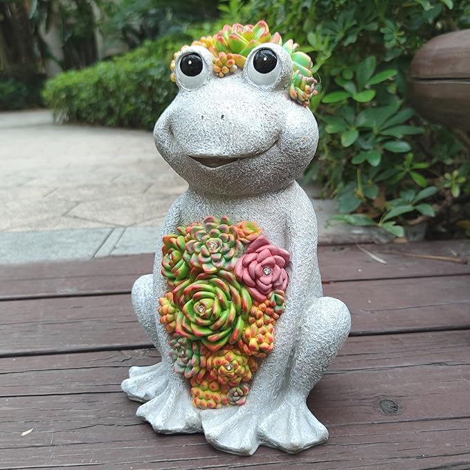 VIOYOUNS Large Frog Solar Garden Outdoor Statues with Succulent and 8 LED Lights,Outside Solar Frog Art Decor for Lawn,Yard, Balcony Ornament