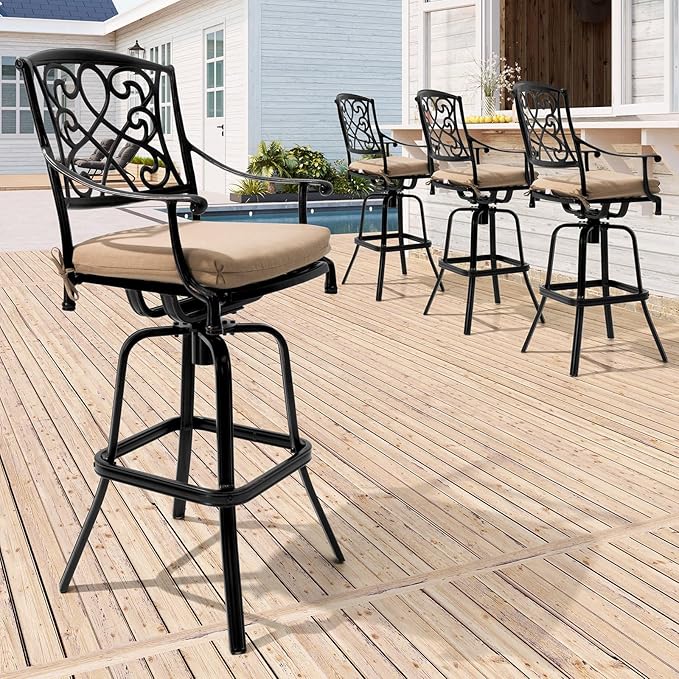 Crestlive Products Outdoor Bar Stools with Sunbrella Cushion Set of 4, 360° Swivel Patio Bar Height Chairs, All Weather Heavy Duty Commercial Grade Furniture, Antique Brown Finish for Outside (Beige)