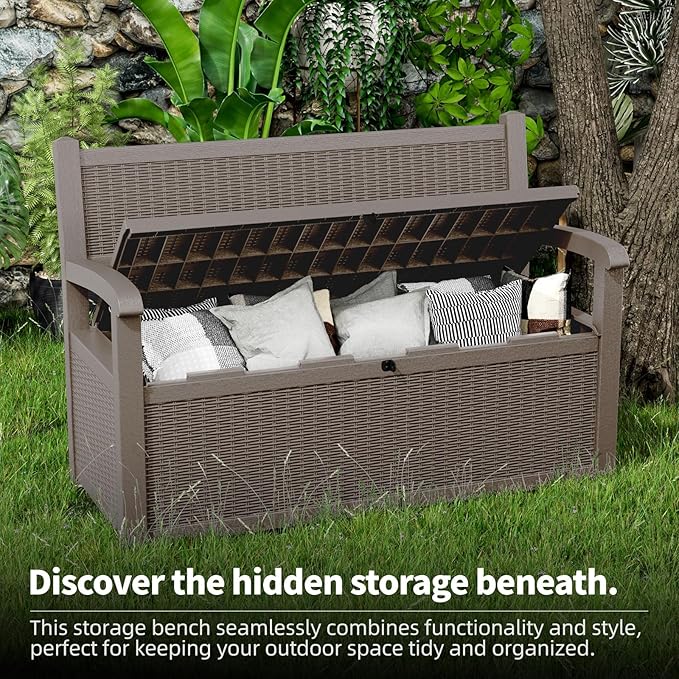 EasyUp 80 Gallon Outdoor Storage Bench, Waterproof and Lockable Deck Box Outdoor Storage Furniture for Patio,Garden,and Porch – Perfect for Storing Garden Tools and Cushions(Gray)