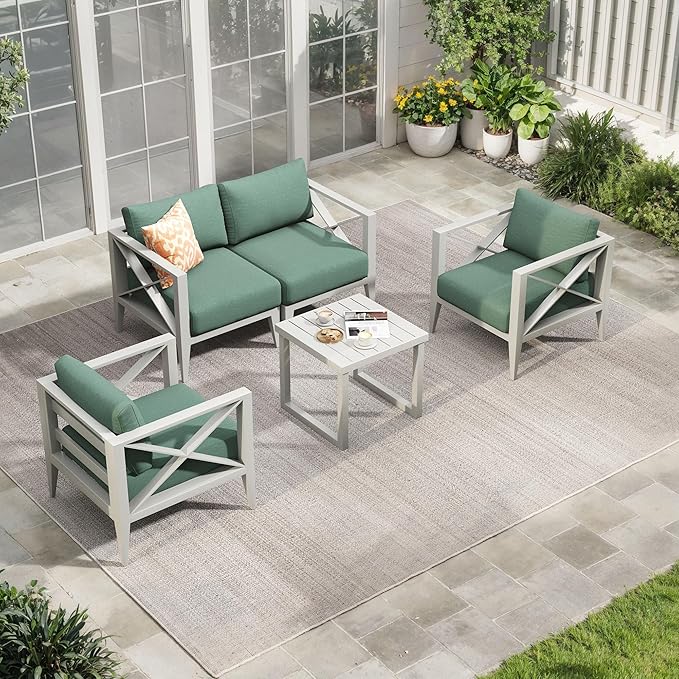 Aluminum Outdoor Furniture Set,4-Seats Patio Sectional Conversation Sofa with 6" All-Weather Cushions and Coffee Table,Patio Furniture Set for Deck, Porch, Garden (Brown)