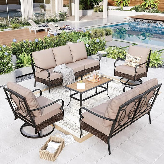 GREEN PARTY Extra Large Outdoor Patio Furniture Set 5 Pieces for 7, Modern Metal Patio Conversation Sets with High Back 3-Seat Sofa & Loveseat Sofa, 2 Swivel Chairs, 1 Coffee Table