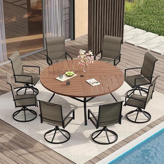 VICLLAX Round Patio Table with Adjustable Umbrella Hole for 8, All Weather Metal Outdoor Dining Table for Lawn Garden, 59.8" Outdoor Coffee Table, Walnut Wood-Like Tabletop