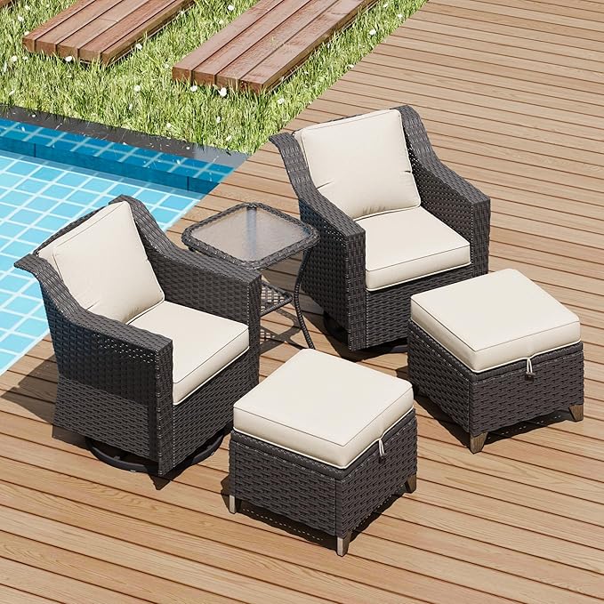 5 Pieces Patio Conversation Furniture Set - Swivel Chairs with Ottomans Set of 2, 1 Side Table, Outdoor Wicker Furniture Set with Washable Cushions for Porch, Balcony, Sunroom (Beige)