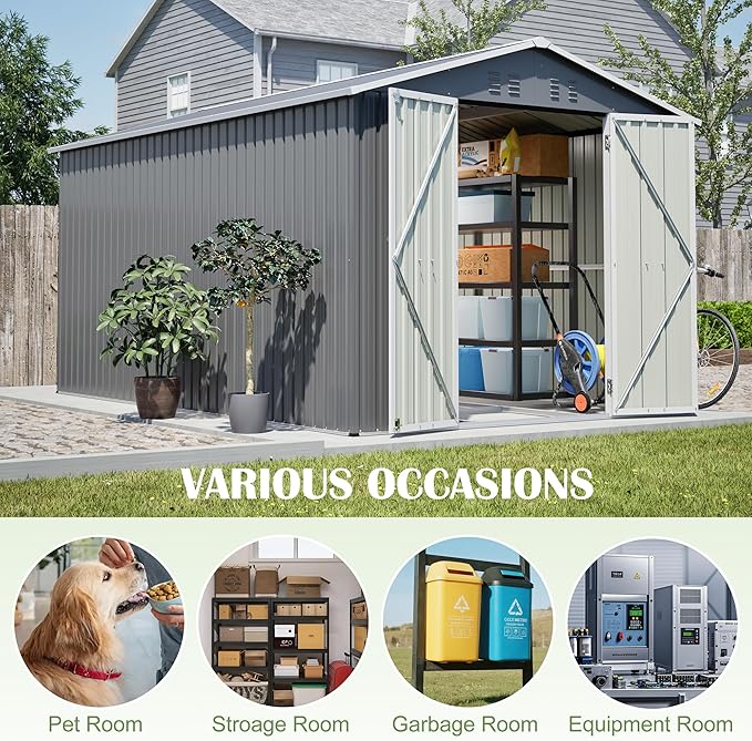 8x12 FT Metal Outdoor Storage Shed,Garden Shed W/ 2 Reversible Lockable Doors & Updated Frame Structure,Outdoor Backyard Tool House W/ 4 Air Vents & Sloped Roof,for Patio,Lawn,Grey