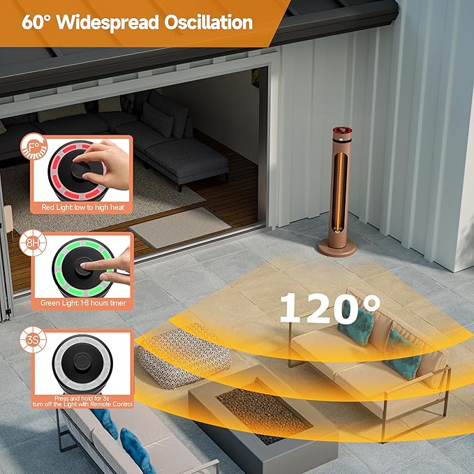 Portable Heater Outdoor Infrared 1500W 8 Heat Levels 8H Timers Carbon Fiber Tube Tip-Over&Overheat Protection IP45 Waterproof Electric Garden Heater, Deep Brown