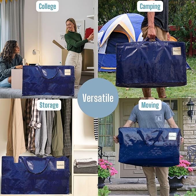 VENO 8 Pack Moving Bags and Large Christmas Decoration Storage Bins with lids. Alternative to Moving Boxes, Packing Supplies for College. Heavy Duty Totes (Blue, 8 Pack)