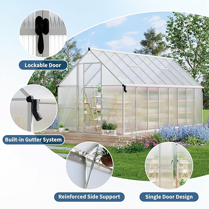 Polycarbonate Greenhouse for Outdoors, Large Walk-InGreenhouse with Quick Setup Structure and Roof Vent, Greenhouse with Ventilation