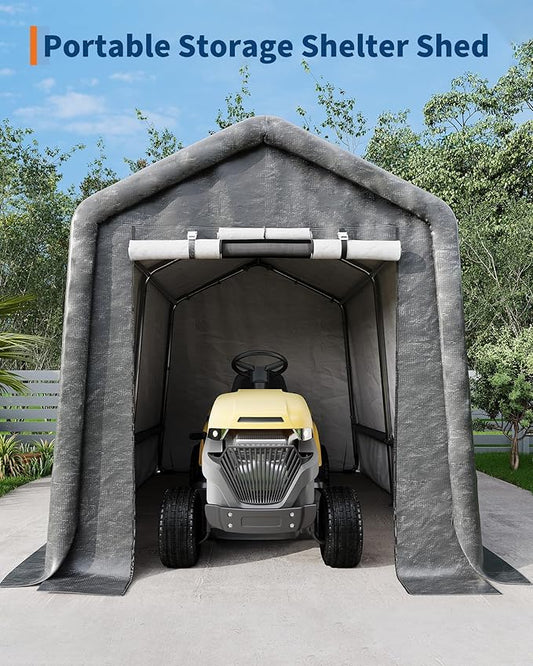 7X10 FT Heavy-Duty Portable Outdoor Storage Shed with Roll-Up Zipper Door & Vent, 240g Waterproof Carport Storage Shelter, UV-Resistant Canopy for Motorcycle, Firewood, Tools -Gray ﻿