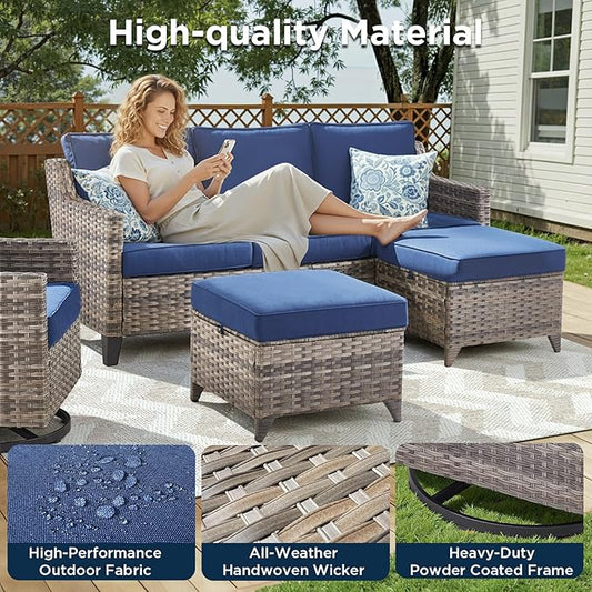 5 Pieces Outdoor Furniture-High Back Outdoor Wicker Couch Patio Chairs Set of 2 with Comfy Cushions Ottomans Patio Furniture Set for Backyard Porch Garden Deck Grey/Blue