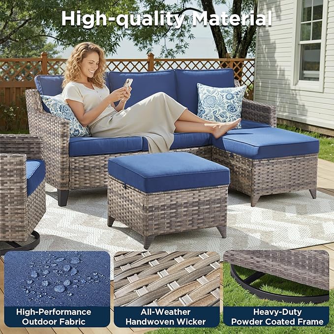 Wicker Patio Furniture Set-9 Pieces All-Weather Wicker Outdoor Furniture with Swivel Patio Chairs Outdoor Patio Conversation Sets for Garden Porch Deck Grey/Blue