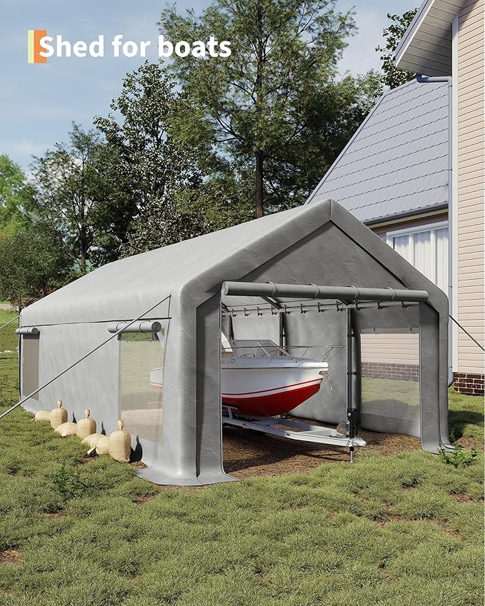 13x25 FT Carport,Heavy-Duty Carport with 4 Roll-Up Windows & Doors, Portable Garage 200g PE Tarp, Waterproof & UV Protected Outdoor Shelter for Car, Boat, Truck, Motorcycle