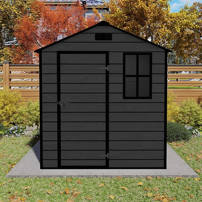 Outdoor Storage Resin Shed with Floor, Waterproof Plastic Garden Bike Shed with Lockable Door, Sloped Roof, Vents & Windows, Tool Shed for Patio, Backyard, Lawn (Wood Grain Black, 5.5X5.5FT)