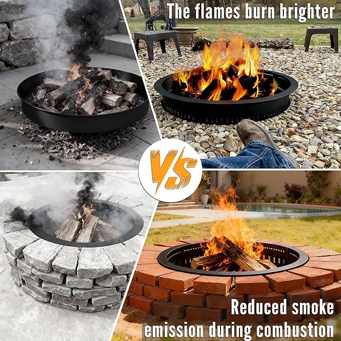 Smokeless Fire Pit Ring Insert - 36 Inch Outdoor Fire Pit Liner with Airflow Design for Efficient Burning, Durable Steel Construction, for Outdoor Camping