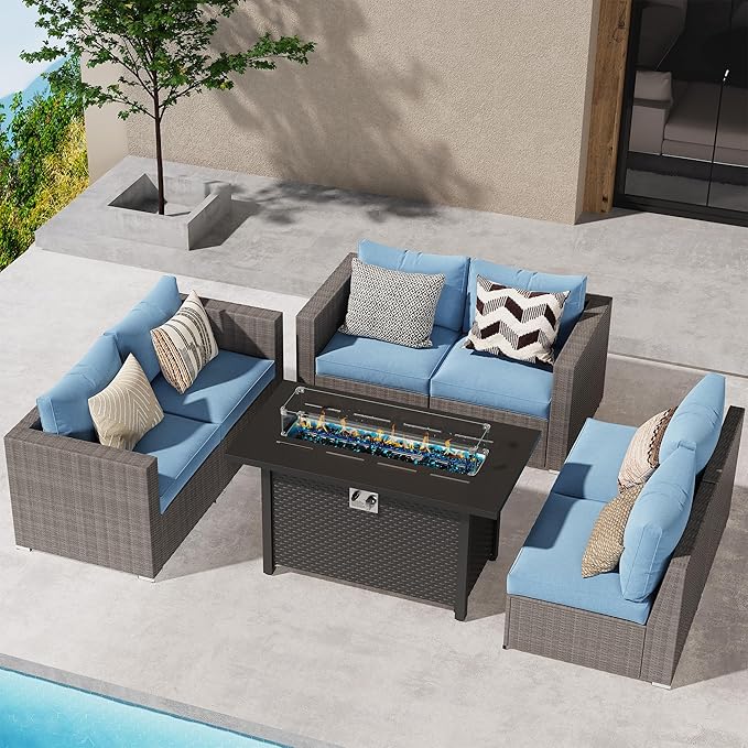 Wisteria Lane Patio Furniture Set for, 7 Pieces Wicker Outdoor Furniture Set with Washable Cushions & Fire Pit Table, Oversized Outdoor Sectional for Garden, Poolside, Backyard, Blue